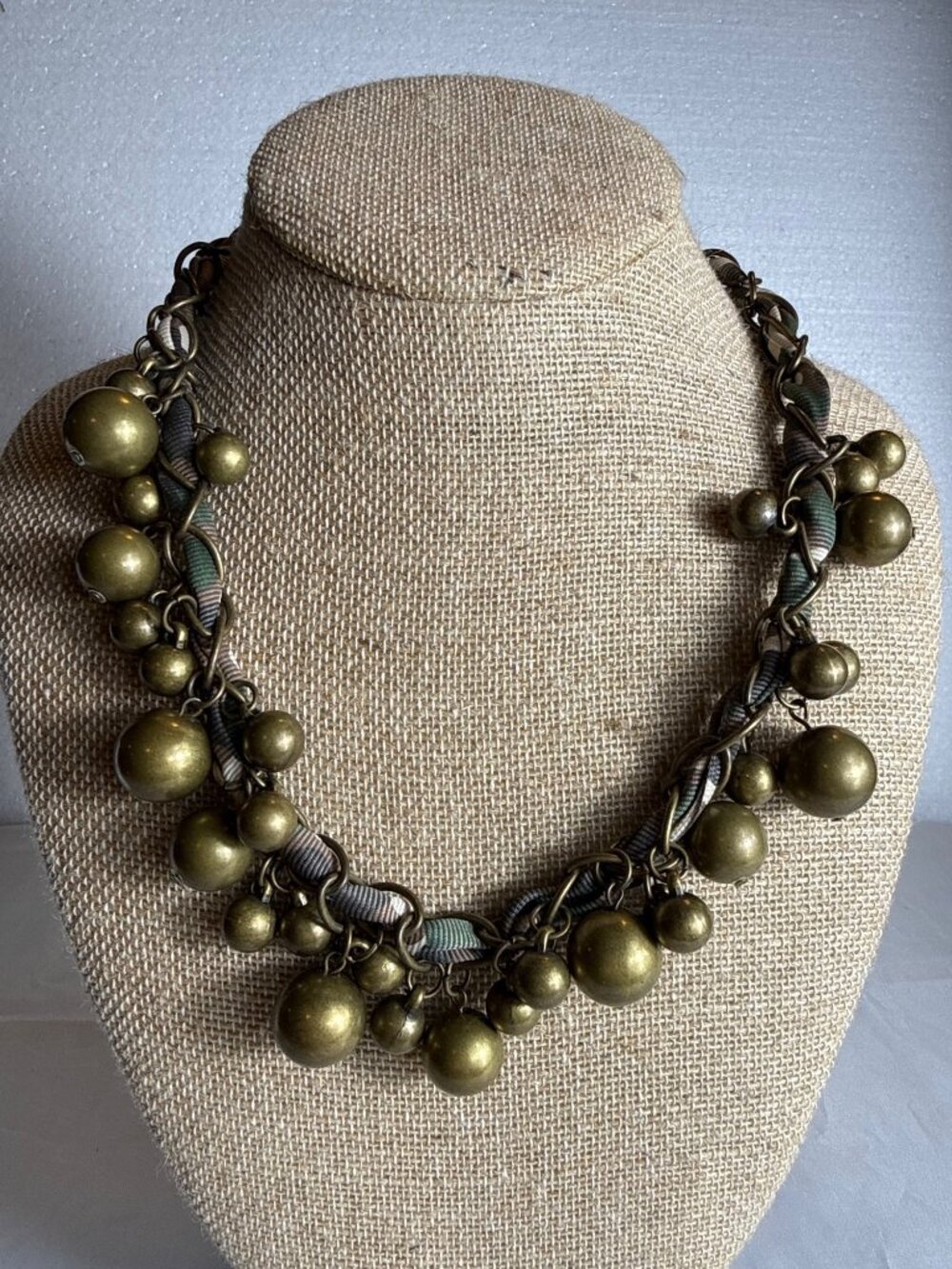 Bauble Cluster Bib Statement Necklace Camo Green Woven Ribbon